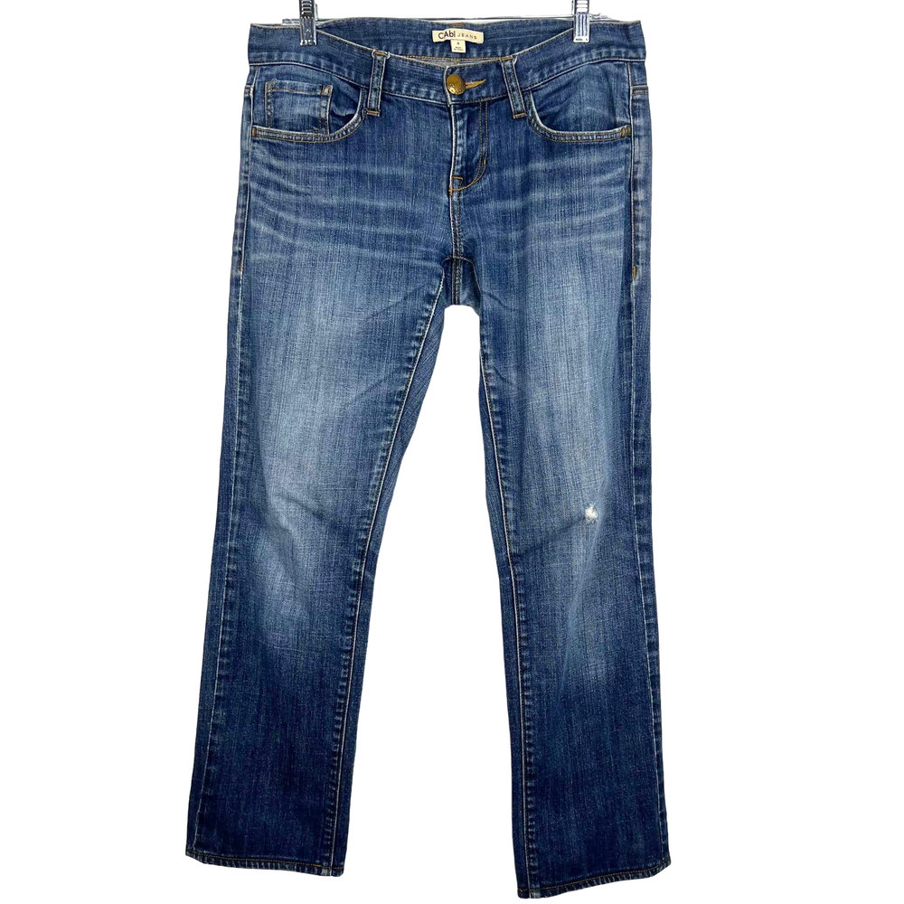 CAbi Women's Jeans Blue Medium Denim Wash Distressed Straight Leg Size 4